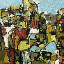 Load image into Gallery viewer, Close-up detail of Hilda Bellanca’s Stadium Crowd highlighting abstracted figures, expressive black linework, and layered impasto brushstrokes in green, ochre, blue, and red.
