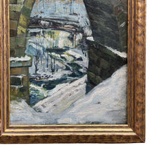 Load image into Gallery viewer, Close-up detail of snow-covered rocks and flowing water beneath a stone bridge in Ludvik Vacatko’s winter landscape oil painting.