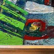 Load image into Gallery viewer, Detail of Marcia Schwan abstract painting showing artist signature within textured composition.