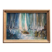 Load image into Gallery viewer, Mid-century modern nautical oil painting depicting sailboats in a harbor with blue-green reflections and a warm gold frame.