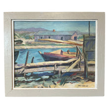 Load image into Gallery viewer, Oil painting titled Boatyard by Percy Myron Lee depicting a harbor scene with docked boats and coastal buildings.