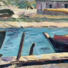 Load image into Gallery viewer, Detail of Boatyard painting by Percy Myron Lee showing shoreline buildings and coastal landscape.