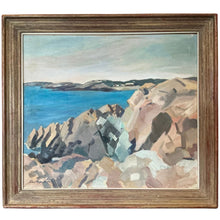 Load image into Gallery viewer, Coastal landscape painting of rocky cliffs and blue Atlantic water in Percy Myron Lee Rockport Cliffs.
