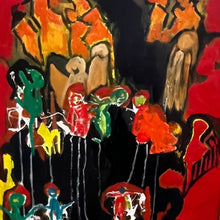 Load image into Gallery viewer, Close-up of abstracted figures in red, green, and yellow against a dark background with expressive brushwork.