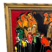 Load image into Gallery viewer, Upper left corner showing gilt wood frame and textured abstract composition in red, black, and ochre.