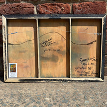 Load image into Gallery viewer, Back of painting showing board, framing, and artist inscription on reverse.
