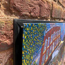 Load image into Gallery viewer, Close-up of painting edge and frame against brick background showing texture and presentation.