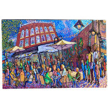 Load image into Gallery viewer, A vibrant, multicolored painting of a bustling downtown scene with people, umbrellas, and streetlights.