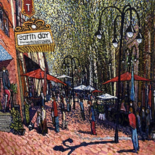 Load image into Gallery viewer, Close-up detail of Randy Smith’s Earth Day highlighting the Paramount Theater marquee, outdoor café seating, tree canopy, and lively pedestrian scene rendered in dense impressionistic brushwork.