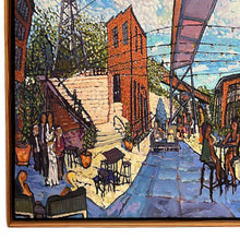 Load image into Gallery viewer, Detail view of the lower left section of Randy Smith’s “Woolen Mills #3,” featuring figures near staircases and outdoor seating within an industrial courtyard setting.