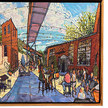 Load image into Gallery viewer, Detail view of the lower right section of Randy Smith’s “Woolen Mills #3,” showing seated figures gathered outside a brick industrial building beneath hanging string lights.