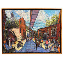Load image into Gallery viewer, Randy Smith “Woolen Mills #3” painting depicting a lively industrial courtyard scene with brick buildings, string lights, and figures gathered outdoors beneath a bright blue sky.