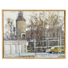 Load image into Gallery viewer, Industrial landscape painting by Richard Crozier featuring a coal tower, fenced parking lot, storage structures, and muted winter trees rendered in soft gray and earth tones.