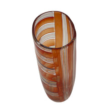 Load image into Gallery viewer, Angled view of Robin Mix caned glass vase highlighting curved profile and layered stripe pattern.
