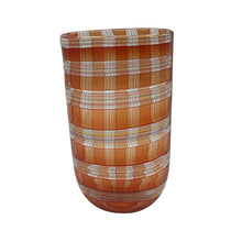 Load image into Gallery viewer, Front view of caned glass vase by Robin Mix for Tiffany & Co. showing vertical and horizontal cane pattern in orange tones.