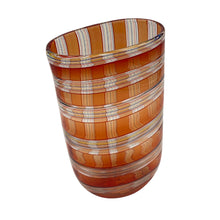 Load image into Gallery viewer, Caned glass vase by Robin Mix for Tiffany & Co. featuring an elongated form with orange and white striped pattern.