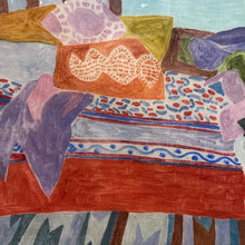 Load image into Gallery viewer, Close-up of Sally Turner Herman and Elia’s Place highlighting bed, quilts, and pillows with layered patterns and bold color.