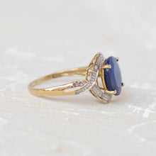 Load image into Gallery viewer, gold ring blue saphire diamonds
