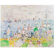 Load image into Gallery viewer, A watercolor painting depicting a harbor scene with people and boats, predominantly in blue and green tones.