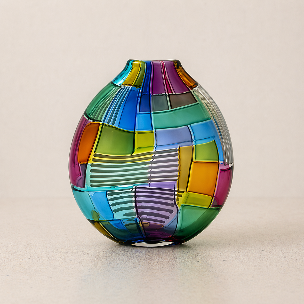 Soft abstract shapes in muted teal and cream with a smooth, glass-like appearance, representing the art glass collection