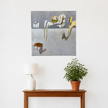 Load image into Gallery viewer, Computer-generated illustration: gray abstract painting with white, yellow, and olive shapes hanging on a white wall above a wooden console table with a white lamp and a potted plant
