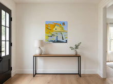Load image into Gallery viewer, Computer-generated illustration: Aina Nergaard-Nammack acrylic painting Interpretations 49 staged on an entryway wall above a console table
