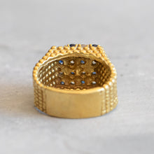 Load image into Gallery viewer, View of the interior setting and smooth gold sizing bar on the 18k sapphire and diamond checkerboard ring.
