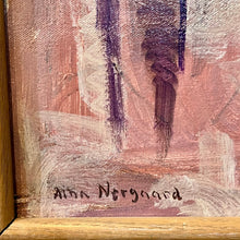 Load image into Gallery viewer, Close-up of the artist signature Aina Nergaard on the bottom corner of the red and purple abstract painting.
