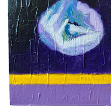 Load image into Gallery viewer, Close-up of the bottom left corner of The Moon by Aina Nergaard, showing the heavy acrylic texture and vivid yellow horizon.
