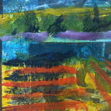 Load image into Gallery viewer, Close-up detail of Fall Crops highlighting abstract bands of color, layered landscape imagery, and expressive mixed-media surface textures.
