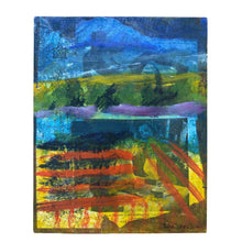 Load image into Gallery viewer, Full view of Lisa Bartlett's Fall Crops (2022), a mixed-media composition featuring layered abstract landscape forms in vivid blues, greens, yellows, oranges, and purples.
