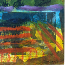 Load image into Gallery viewer, Close-up detail of Fall Crops showing layered mixed-media textures, vibrant color fields, and the artist's signature in the lower right corner.
