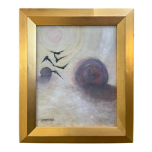 Load image into Gallery viewer, Framed landscape painting of a rural hay field with soft sky tones and distant birds in flight, rendered in muted natural colors.
