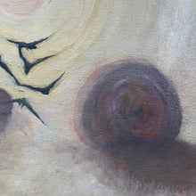 Load image into Gallery viewer, Detail of painting showing birds in flight against a soft, muted sky with visible brushwork and layered tonal texture.
