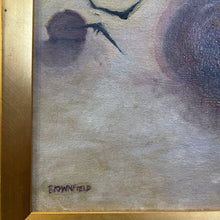 Load image into Gallery viewer, Close-up of artist signature reading “Brownfield” in lower corner with gold frame detail and textured painted surface.
