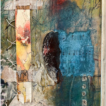Load image into Gallery viewer, Detail of abstract collage with contrasting color fields, layered paper elements, and painterly surface texture.

