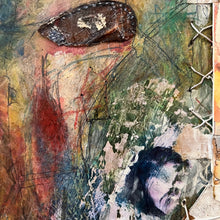 Load image into Gallery viewer, Close-up of mixed media collage showing layered paint, paper, and textured surface with abstract forms.
