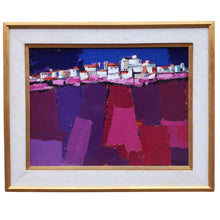Load image into Gallery viewer, A framed painting featuring an abstract representation of a cityscape with geometric shapes in purple, pink, and other colors.
