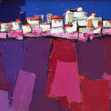Load image into Gallery viewer, close up detail of Constantine Arvanites cliff side painting showing small buildings on the edge of the town. 
