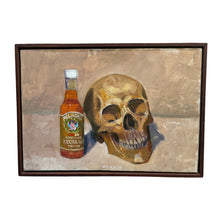 Load image into Gallery viewer, Still life painting of a skull and hot sauce bottle by Edward Thomas.
