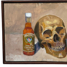 Load image into Gallery viewer, Detail of a hot sauce bottle and skull in a still life painting.

