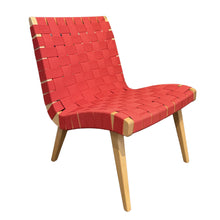 Load image into Gallery viewer, Full view of a signed Knoll Jens Risom lounge chair with tomato red cotton webbing and a light maple frame.
