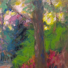 Load image into Gallery viewer, Close-up of a tree trunk, bright foliage, and textured paint surface.
