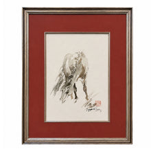 Load image into Gallery viewer, Full view of N. C. Nguyen's Grazing Horse #2 watercolor on paper, 1999, shown in a painted wood frame with deep red matting.
