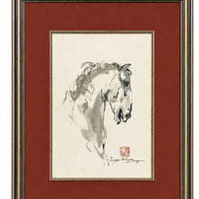 Load image into Gallery viewer, Close-up detail of N. C. Nguyen's Horse Profile watercolor highlighting the horse's head, fluid brushwork, artist signature, and red seal in the lower right corner.
