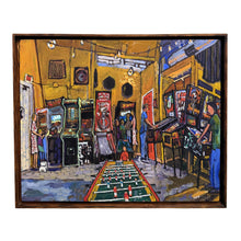 Load image into Gallery viewer, Full view of Firefly, a framed painting by Randy Smith featuring an arcade with vintage games, pinball machines, and a foosball table.

