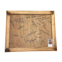 Load image into Gallery viewer, Reverse of Randy Smith's Firefly painting showing the wood panel, hanging hardware, artist inscriptions, and signatures.
