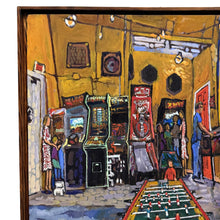 Load image into Gallery viewer, Close-up of the upper left section of Randy Smith's Firefly painting showing arcade machines and interior details.
