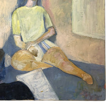 Load image into Gallery viewer, Close-up detail of Corner Contemplation highlighting the seated figure, folded hands, and painterly treatment of light, shadow, and interior space.
