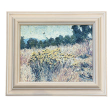 Load image into Gallery viewer, Full view of Yellow Flowers in a Field, an oil on canvas landscape depicting a field of yellow wildflowers beneath a distant tree line, presented in a painted wood frame.
